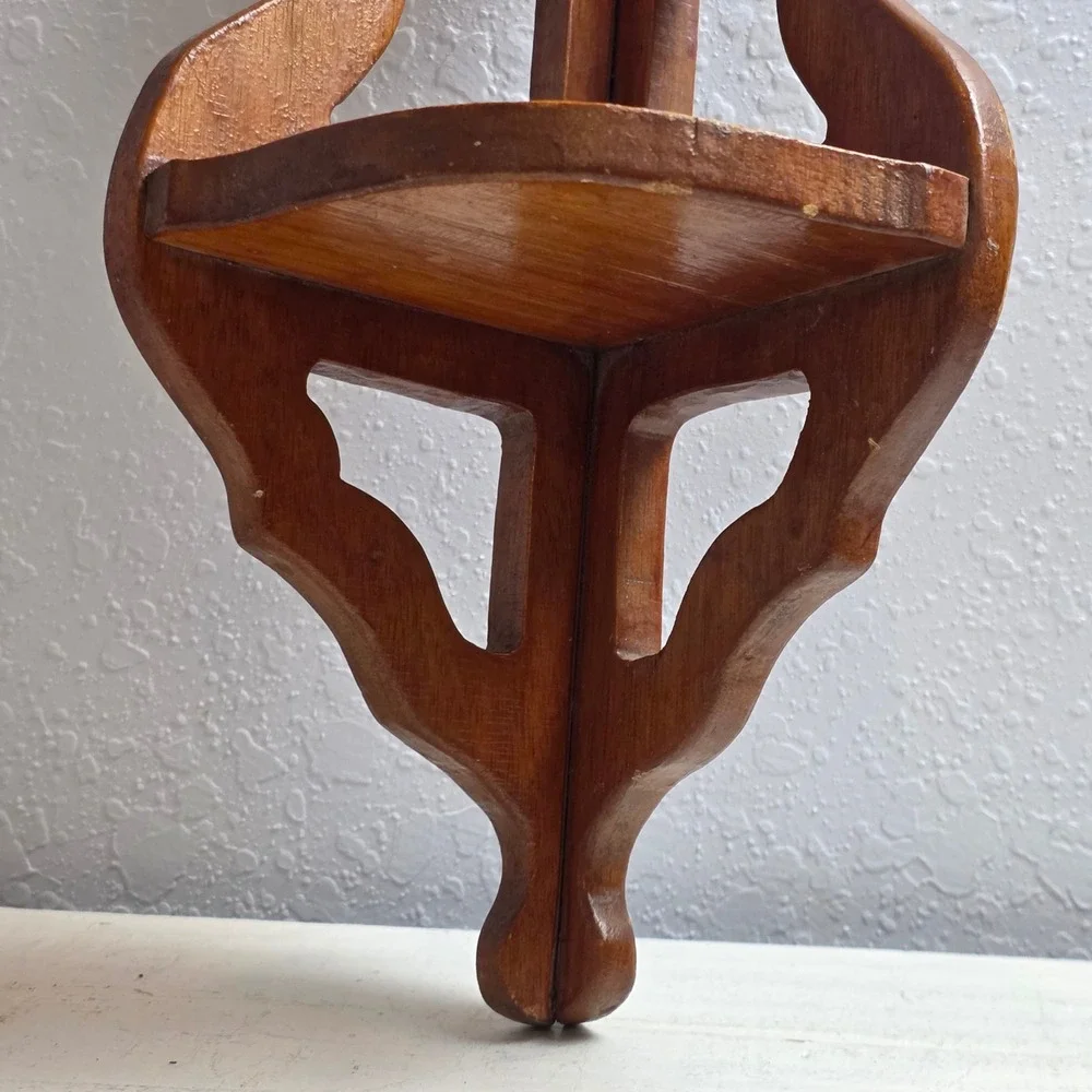 Vintage Wooden Corner Small Wall Shelf 2 Tier Scrollwork Display Rack Brown Wood